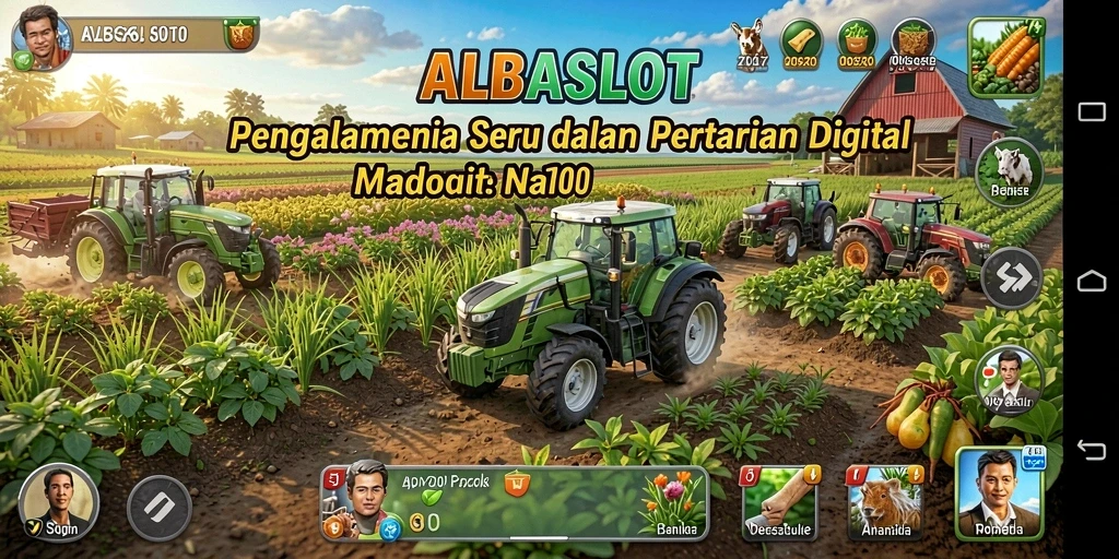 Screenshot gameplay <strong>ALBASLOT</strong> menampilkan aktivitas bertani yang seru dan interaktif.