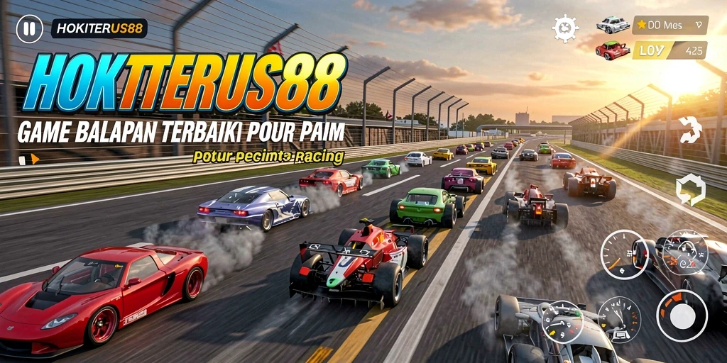 Gameplay seru HOKITERUS88 dengan mobil balap di lintasan.