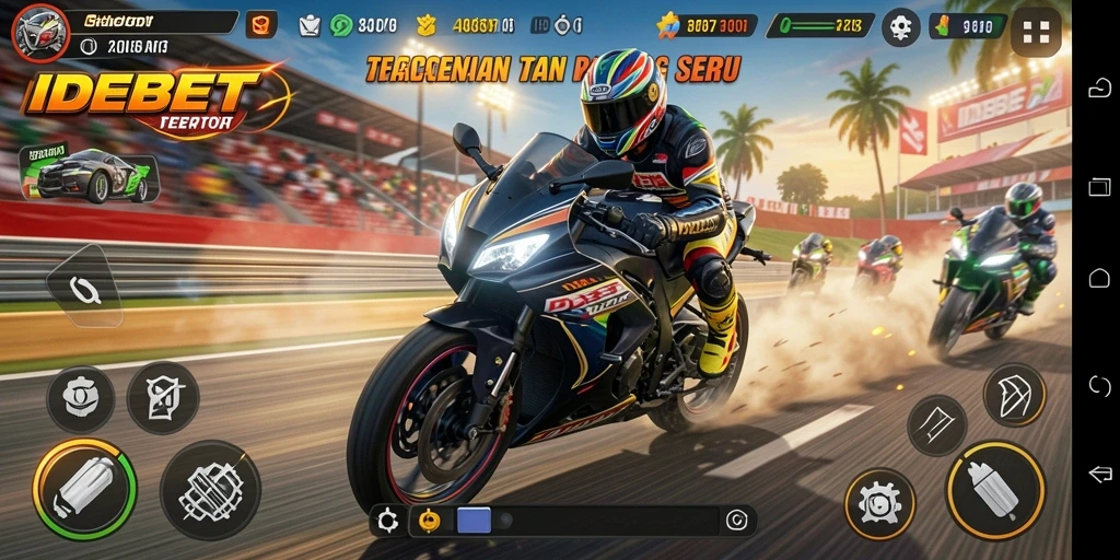 Screenshot gameplay IDEBET menunjukkan balapan motor yang memukau.