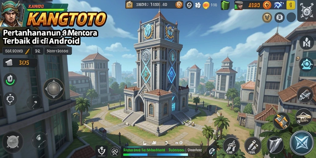 Screenshot gameplay KANGTOTO menampilkan aksi menara pertahanan melawan musuh.
