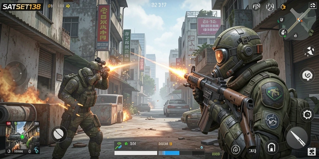 Screenshot utama SATSET138 menampilkan aksi pertempuran FPS yang seru.