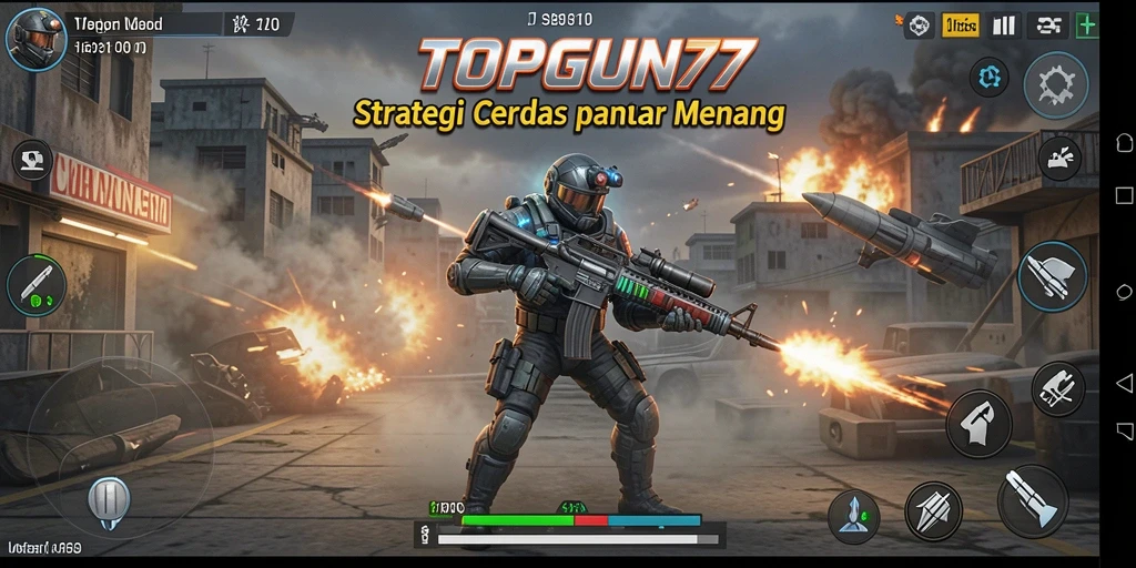 Screenshot gameplay TOPGUN77 menampilkan pertempuran strategi yang seru.