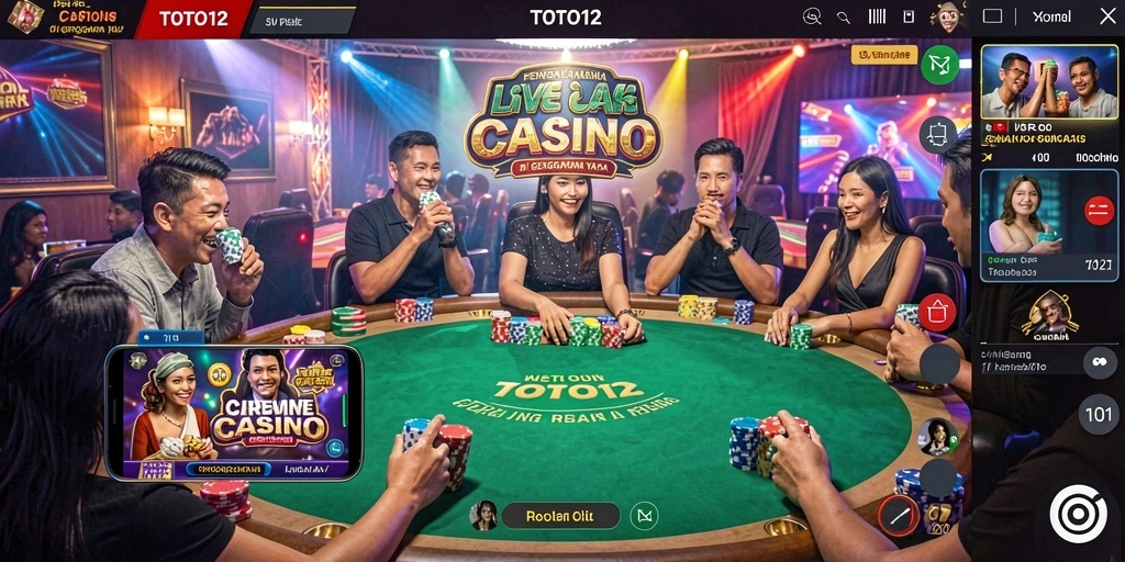Screenshot gameplay TOTO12 menampilkan dealer langsung dan suasana kasino yang nyata.